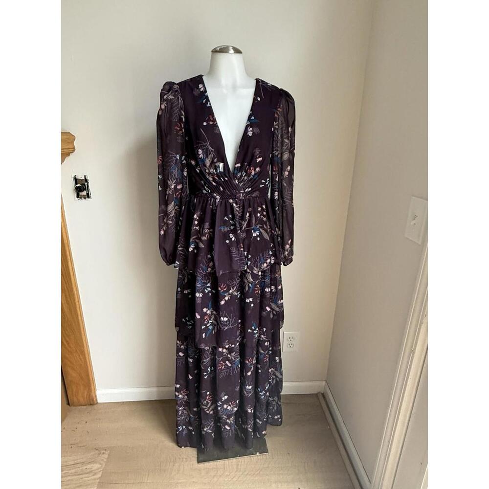 Mac Duggal Black Floral Long Sleeve V-Neck Maxi Dress
